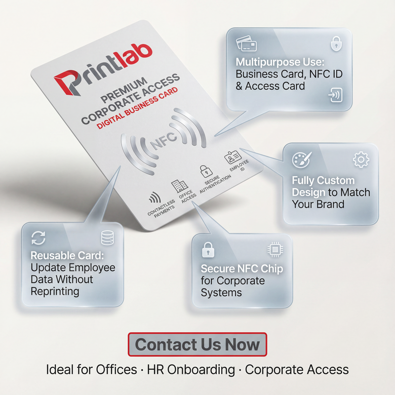 NFC smart business card by Printlab Malaysia, one tap digital business card compatible with iPhone and Android NFC phones.