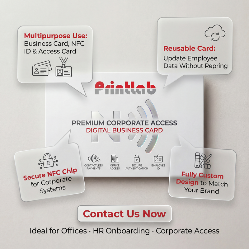 Smart business card Malaysia with NFC and IC chip printed by Printlab, premium PVC card with 3D spot UV and gold stamping finish.