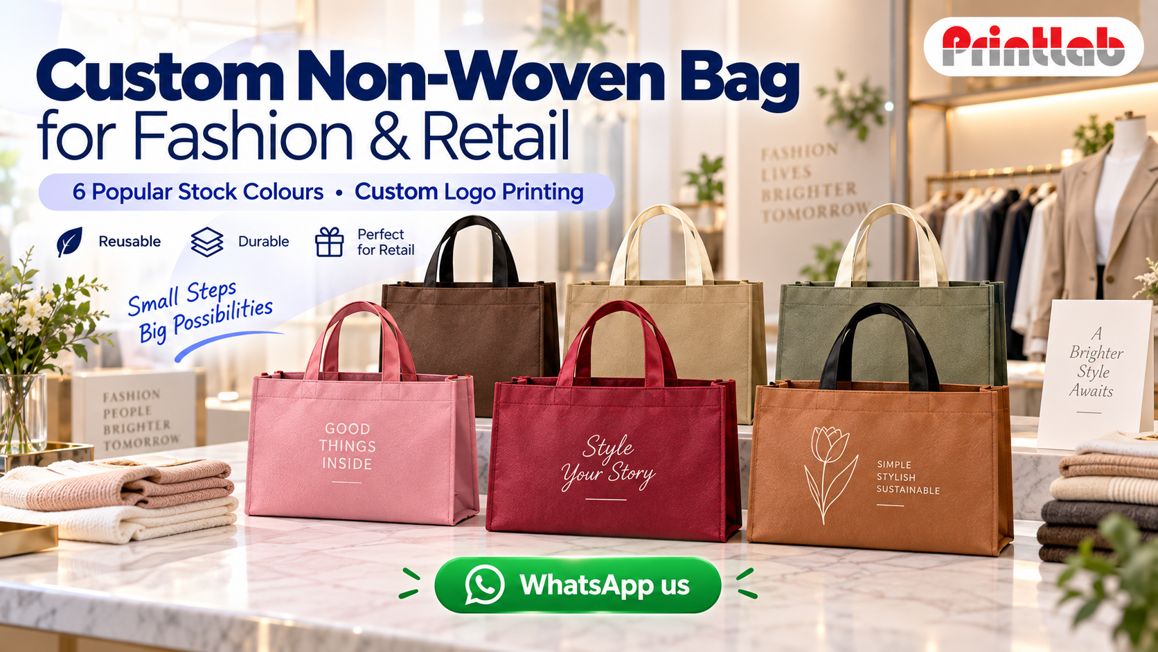 Custom printed non-woven bags for fashion garment and apparel retail packaging in popular stock colours by Printlab Kuala Lumpur.