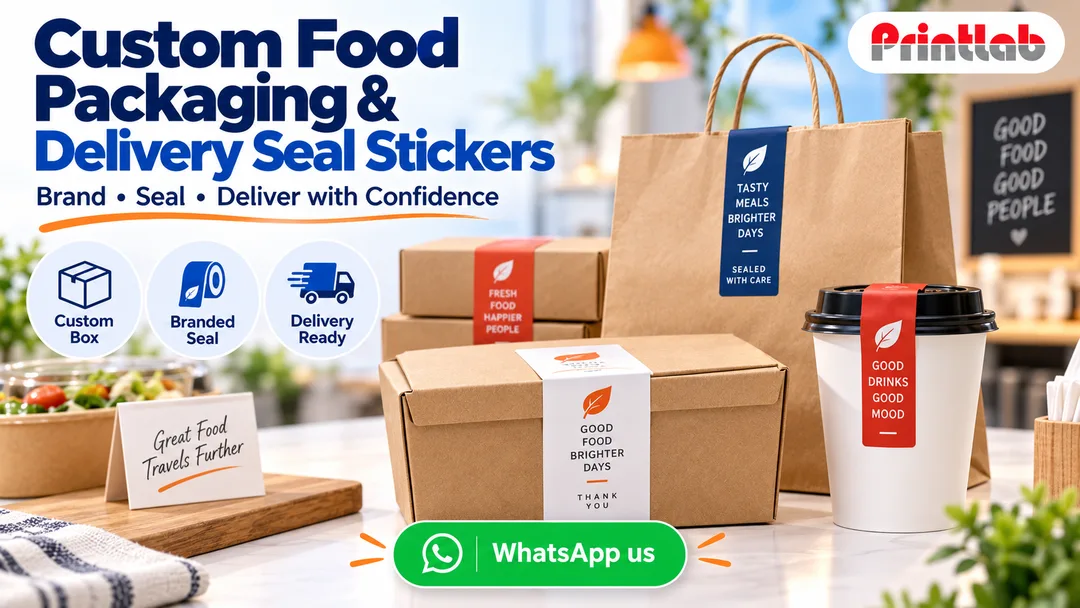 Custom printed food packaging boxes with branded delivery seal label stickers by Printlab in Bandar Sri Damansara, Kuala Lumpur.