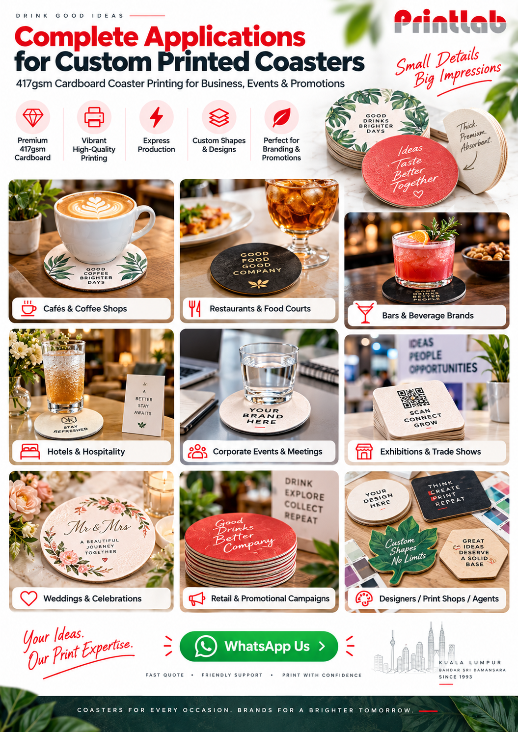 Custom printed paper coasters for restaurants, cafés, hotels, bars, beverage brands, corporate events, weddings, exhibitions, product launches and QR code promotions.