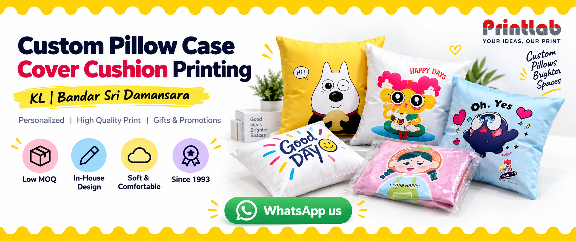 Custom pillow case cover cushion printing in KL for gifts, hotels, events and corporate branding by Printlab Bandar Sri Damansara