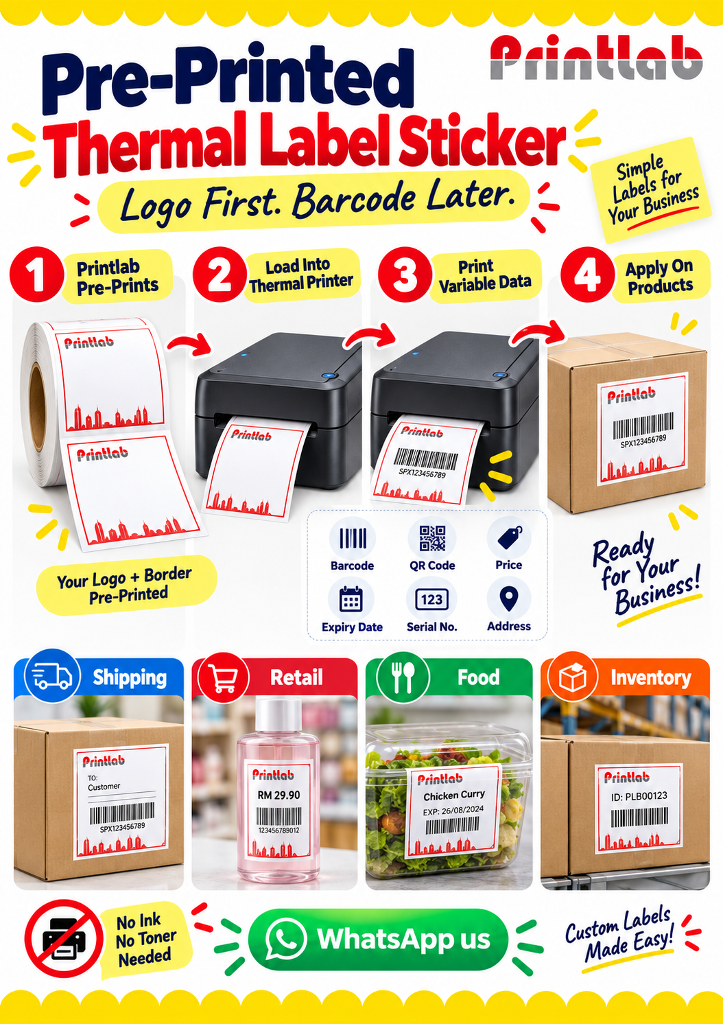Custom pre-printed thermal label sticker printing in KL showing logo and border pre-printed first, with barcode, QR code, price, expiry date and address added later by thermal printer.
