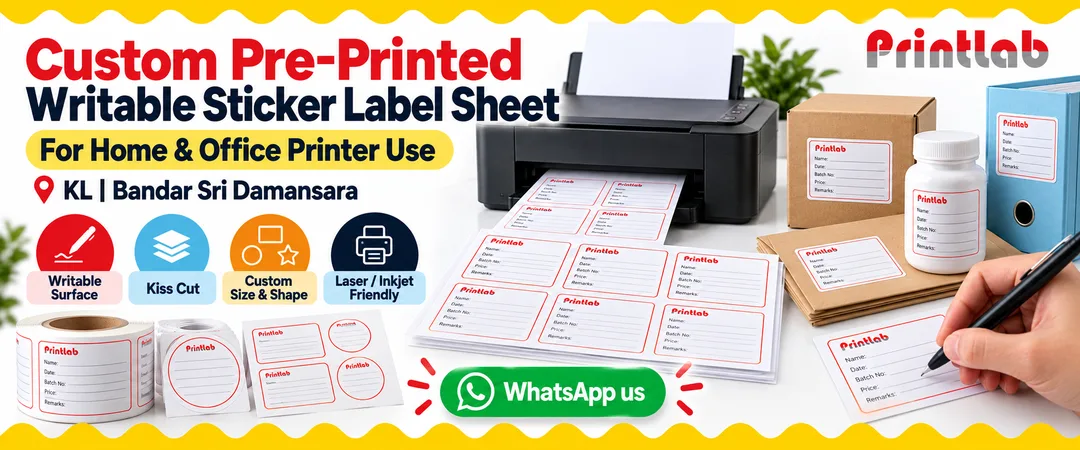 Custom pre-printed writable sticker label sheet printing in KL for home printer, office printer, laser and inkjet use by Printlab
