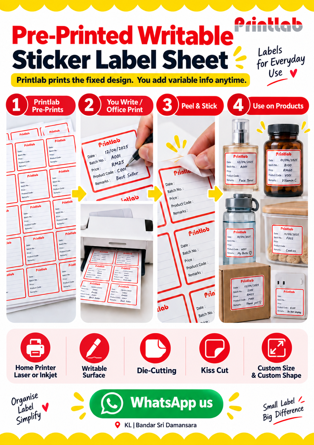 Custom pre-printed writable sticker label sheet printing in KL for home and office printer use, with kiss cut, custom size and custom shape options by Printlab.
