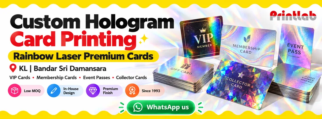 Custom rainbow laser hologram card printing in KL for membership cards, VIP cards, event passes and premium collector cards by Printlab Bandar Sri Damansara