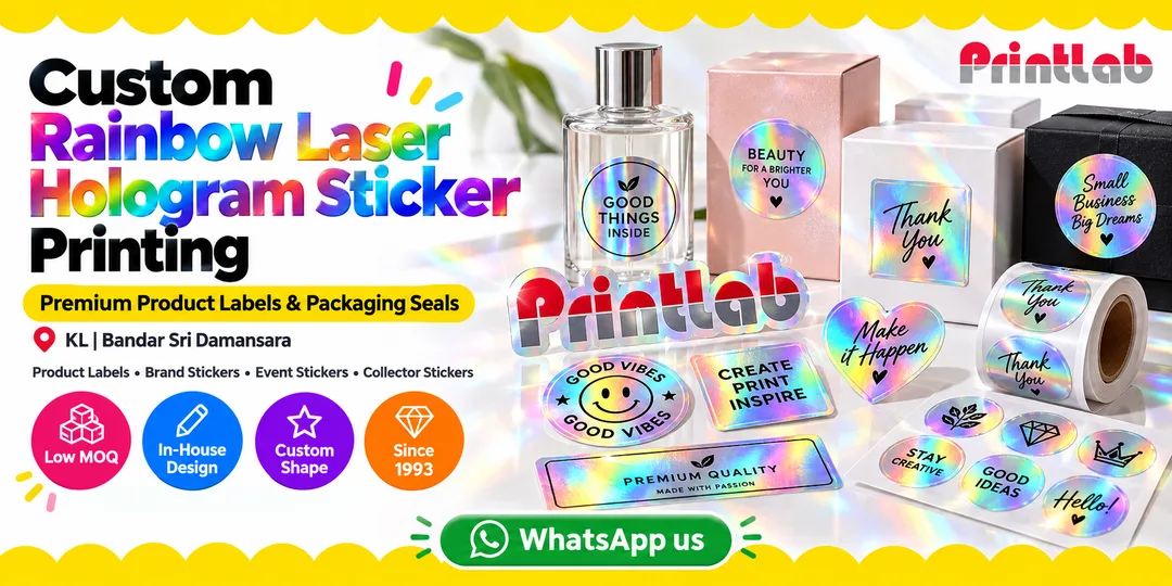 Custom rainbow laser hologram sticker printing in KL for product labels, packaging seals and premium brand stickers by Printlab Bandar Sri Damansara