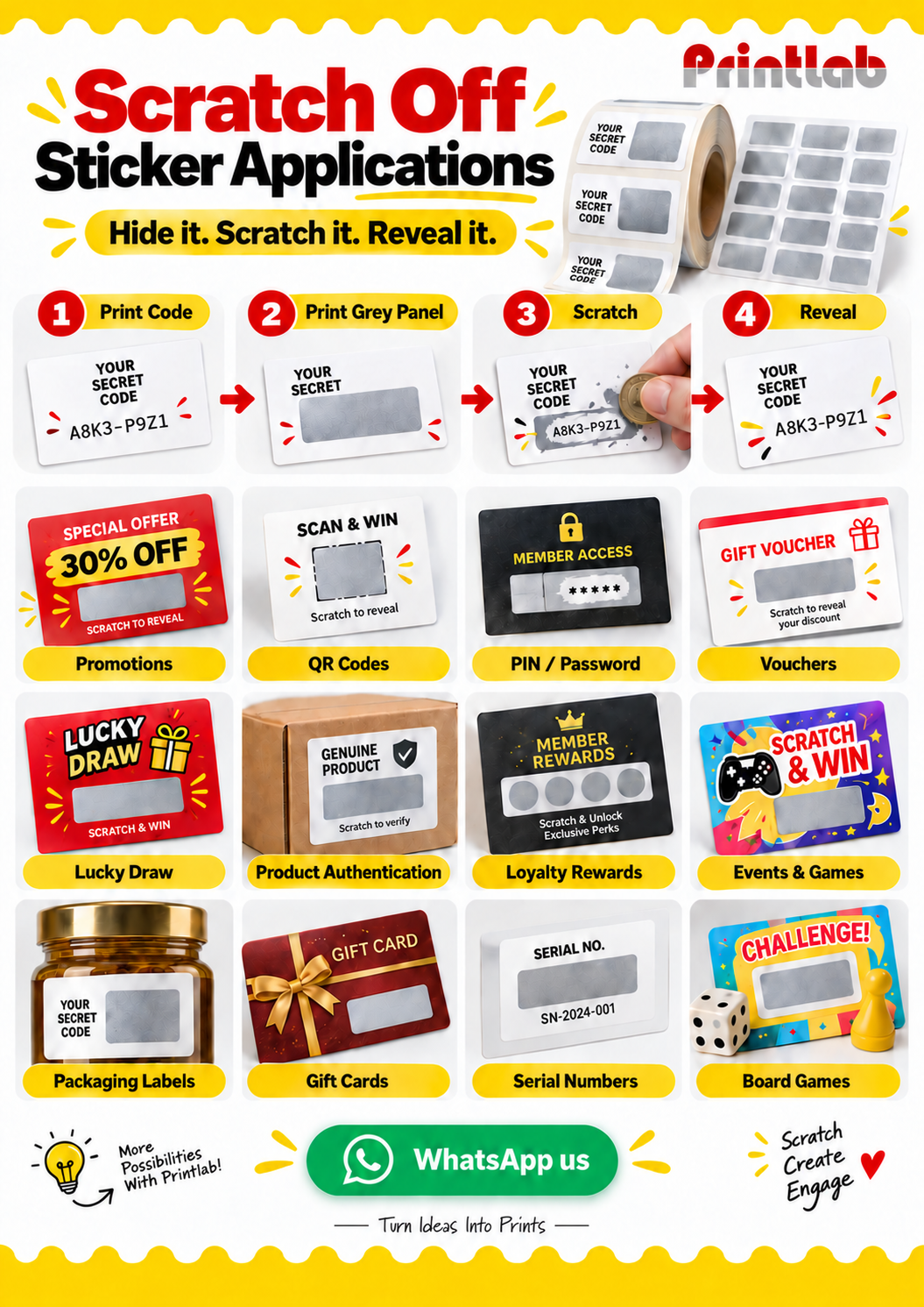Custom scratch off sticker label printing banner by Printlab KL showing grey scratch panels for QR codes, PINs, vouchers, rewards, lucky draw cards, product authentication and promotional packaging.