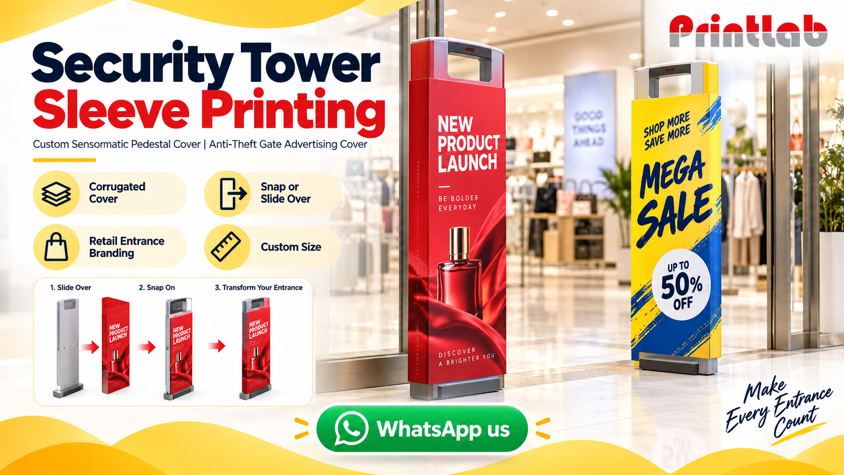 Custom Sensormatic pedestal cover and security tower sleeve advertising wrap printing in KL by Printlab