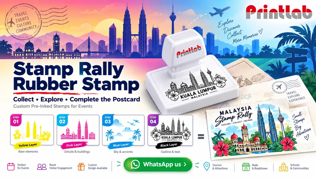 Custom pre-inked rubber stamps for stamp rally postcard event by Printlab Ara Damansara Petaling Jaya