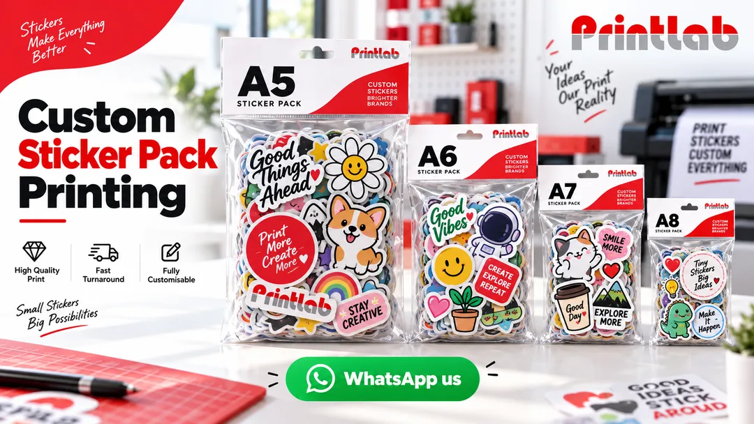 A5, A6, A7 and A8 custom sticker sheet packs with die-cut stickers in transparent retail packaging by Printlab KL