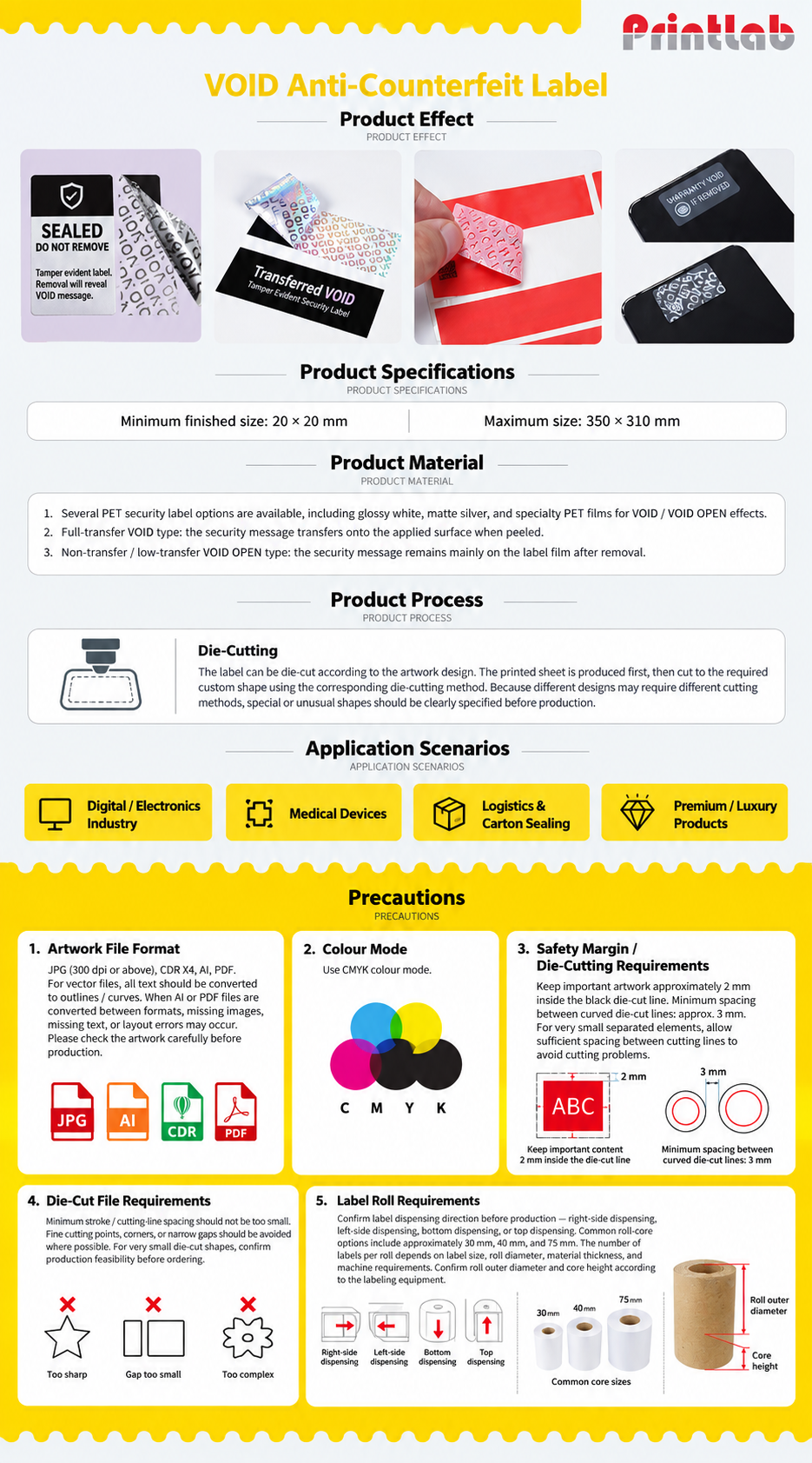 Custom original genuine tamper-evident VOID warranty stickers and security seal labels showing a visible VOID pattern after removal, printed by Printlab Kuala Lumpur.