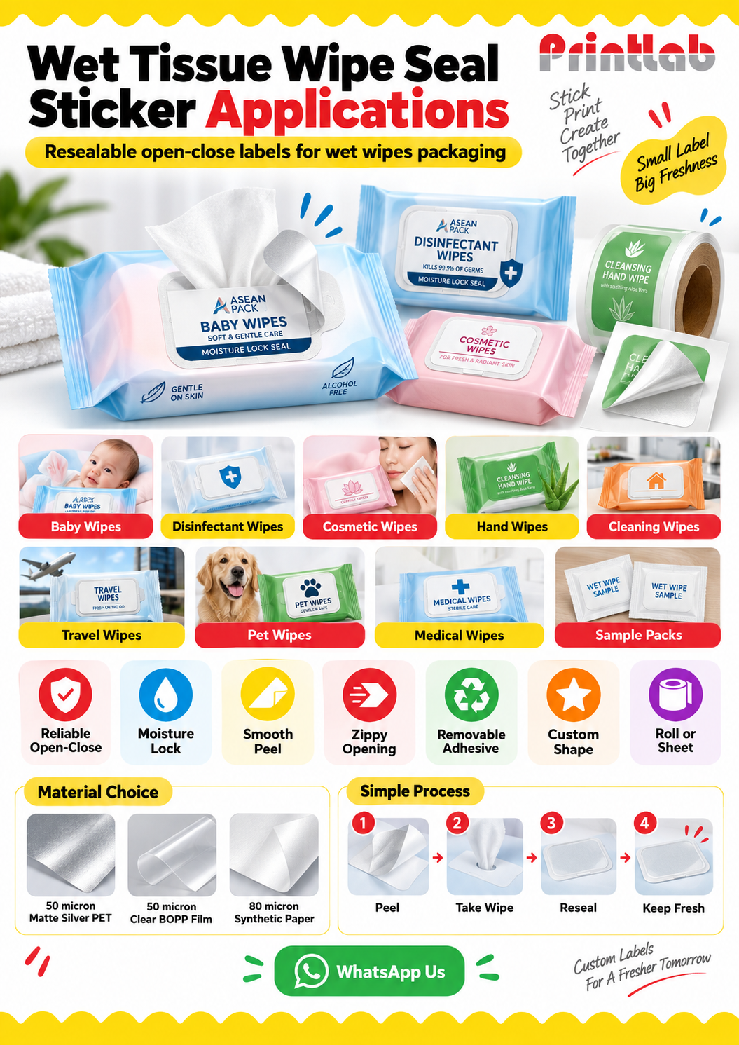 Application for Print Custom wet tissue wipe seal sticker resealable label printing in KL for wet wipes, baby wipes, cosmetic wipes, hygiene wipes and cleaning wipe packaging by Printlab