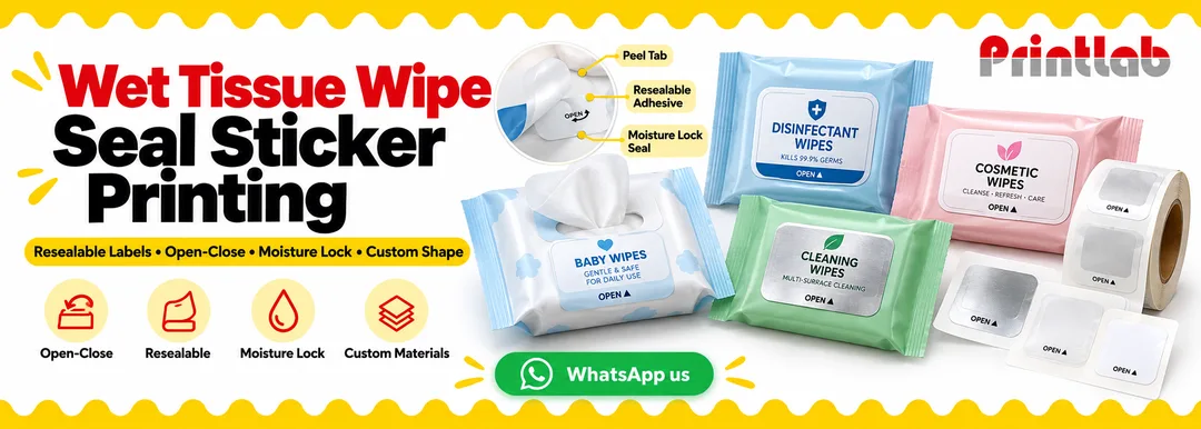 Custom wet tissue wipe seal sticker resealable label printing in KL for wet wipes, baby wipes, cosmetic wipes, hygiene wipes and cleaning wipe packaging by Printlab