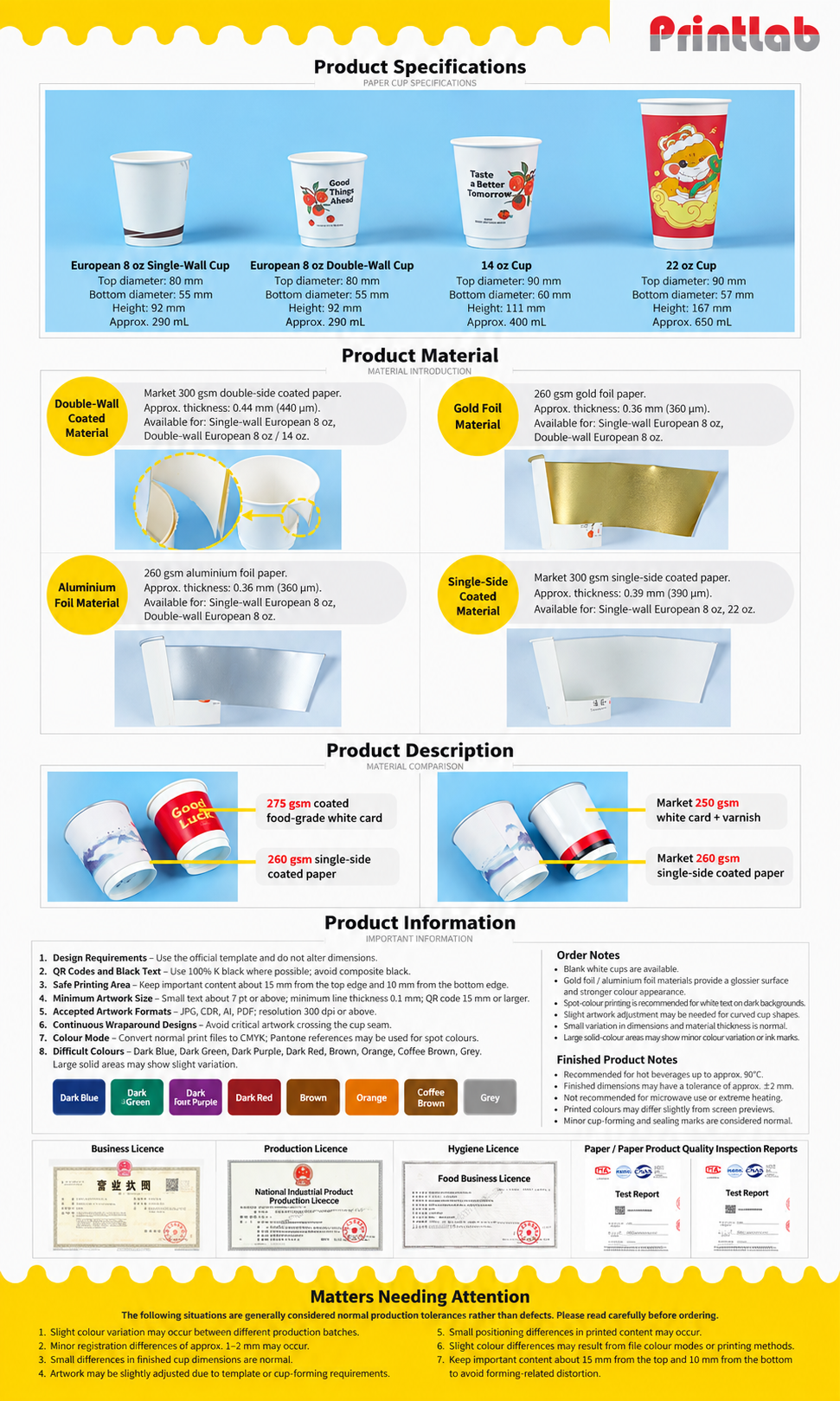 Custom hot drink paper cup printing in KL for cafe coffee, tea takeaway, double-wall cup branding and event promotion by Printlab Bandar Sri Damansara.