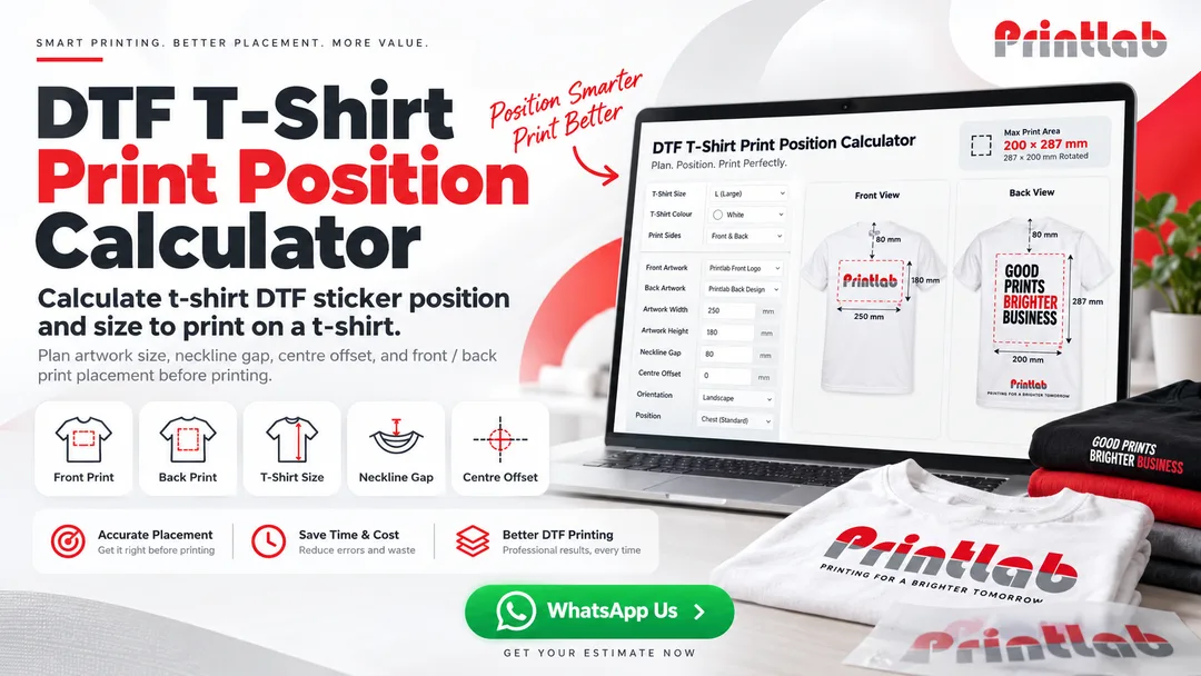 Printlab DTF T-Shirt Print Position Calculator Malaysia showing front and back artwork size, neckline gap, centre offset and DTF placement preview on a T-shirt
