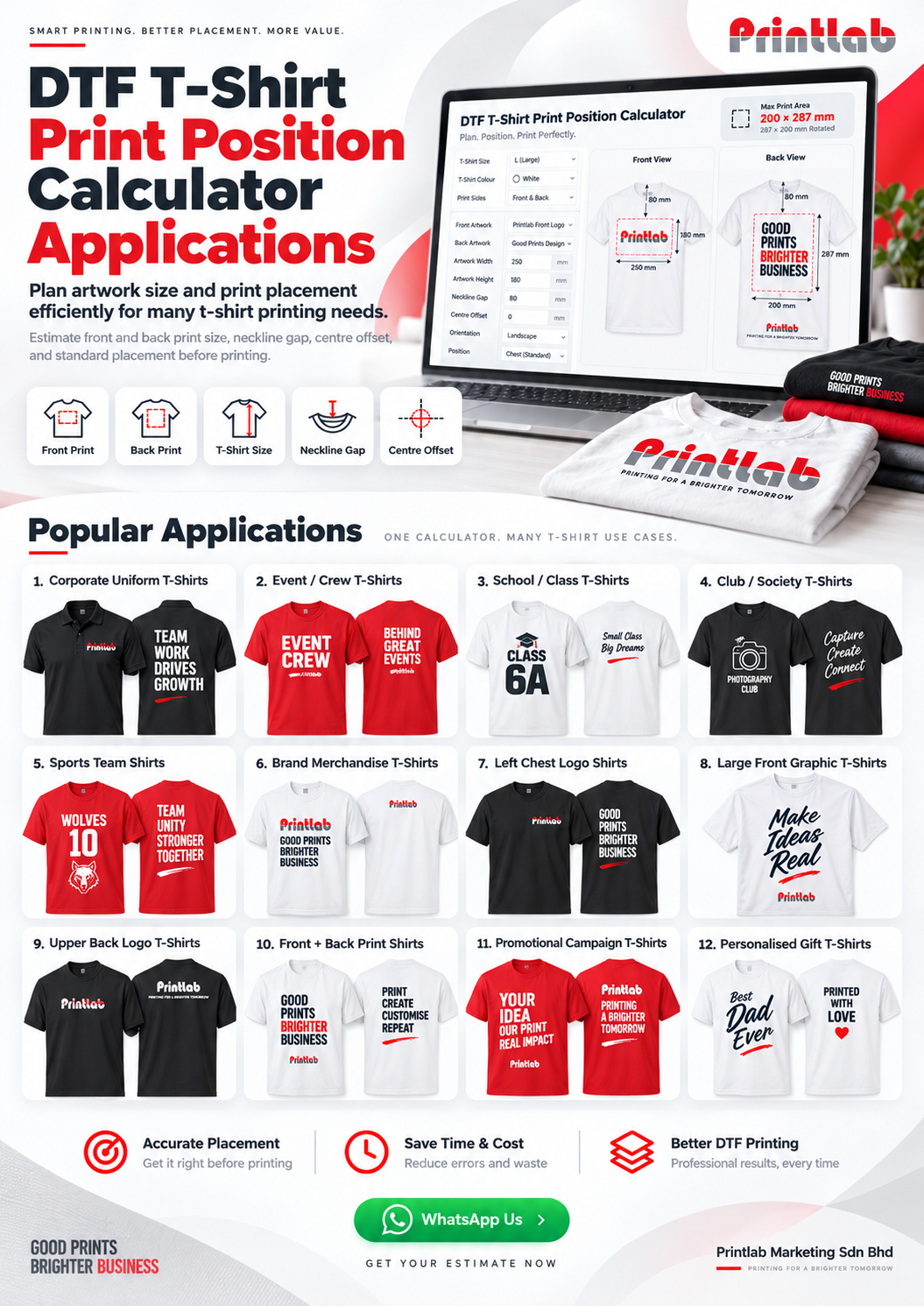 DTF T-Shirt Print Position Calculator Malaysia showing front and back artwork size, neckline gap, centre offset and DTF placement preview on a T-shirt byPrintlab  Malaysia
