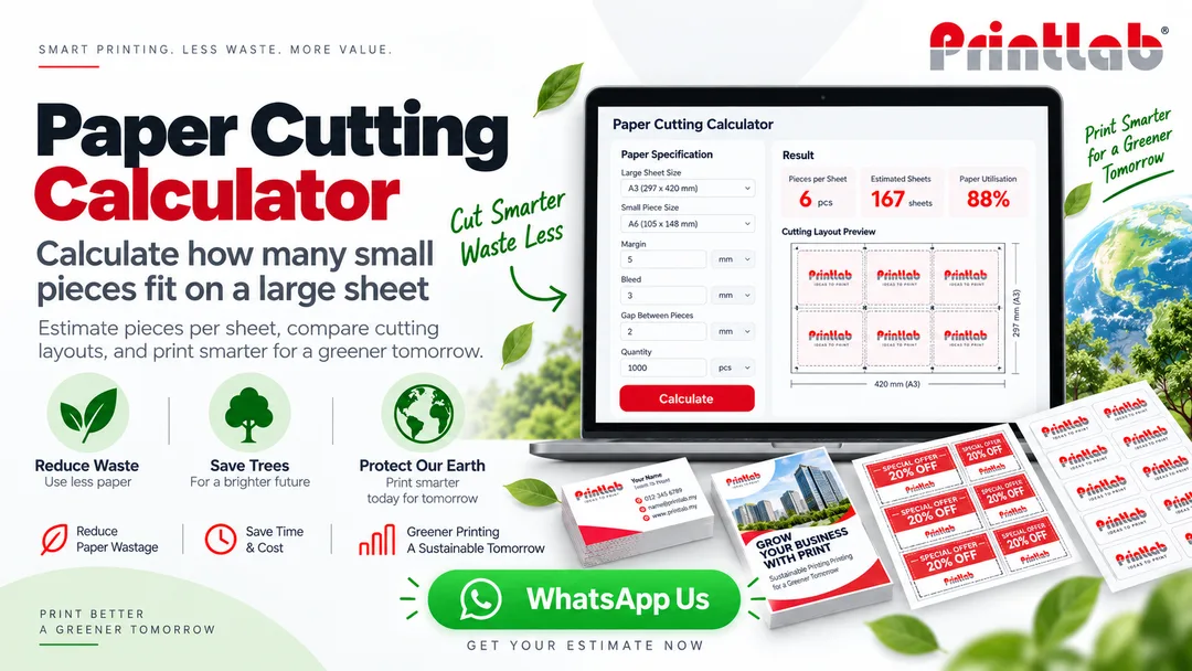 Printlab Paper Cutting Calculator banner showing how many small pieces fit on a large sheet, with cutting layout preview, paper utilisation results, reduced paper wastage, save trees and protect the earth eco concept,