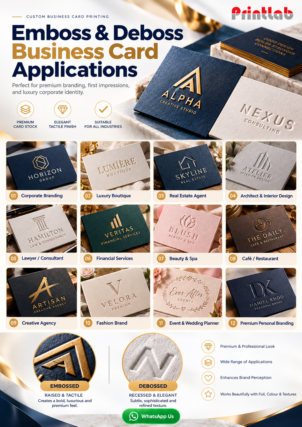 Premium tactile business card printing with embossed logo and debossed brand mark in Petaling Jaya