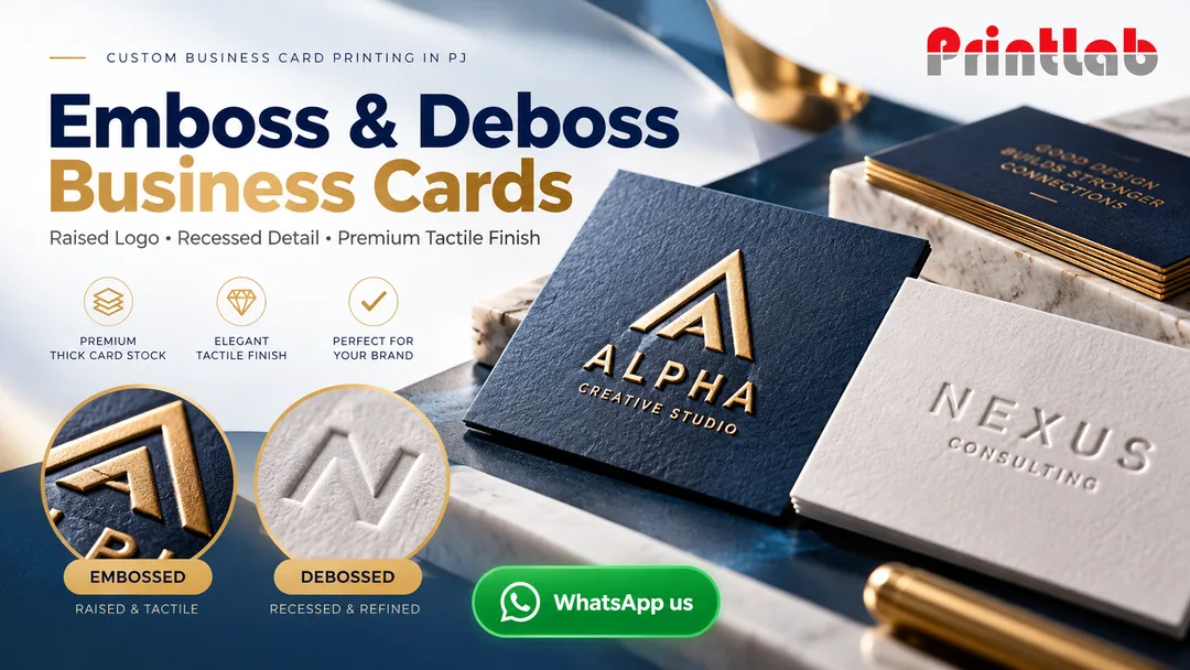 Custom embossed and debossed business cards with raised and recessed logo finishing by Printlab Ara Damansara Petaling Jaya