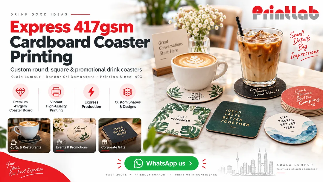 Express 417gsm cardboard coaster printing by Printlab Bandar Sri Damansara Kuala Lumpur, featuring custom round and square absorbent paper coasters for cafés, hotels and promotional events.