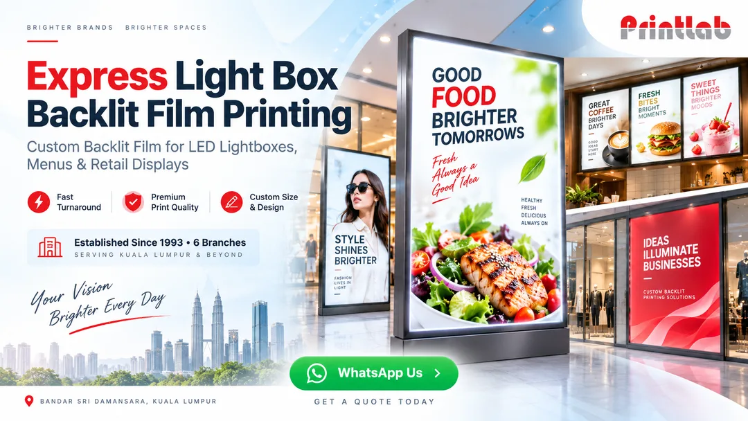 Express light box backlit film printing in Kuala Lumpur by Printlab, featuring illuminated LED retail signage, menu lightboxes, shopping mall advertising and custom translucent film printing.