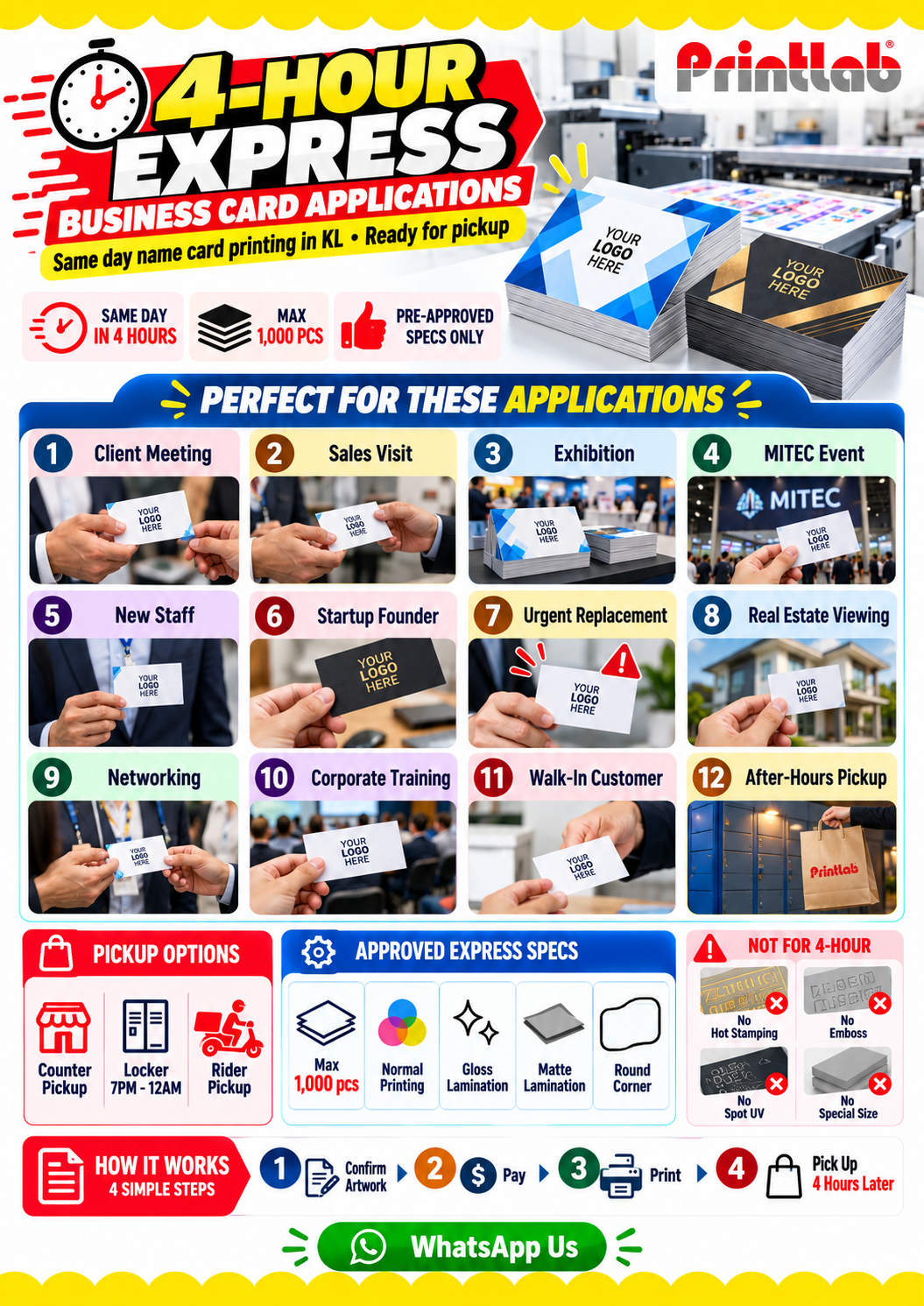Express same day business card printing in KL ready in 4 hours with counter pickup, locker pickup and rider pickup from Printlab KL