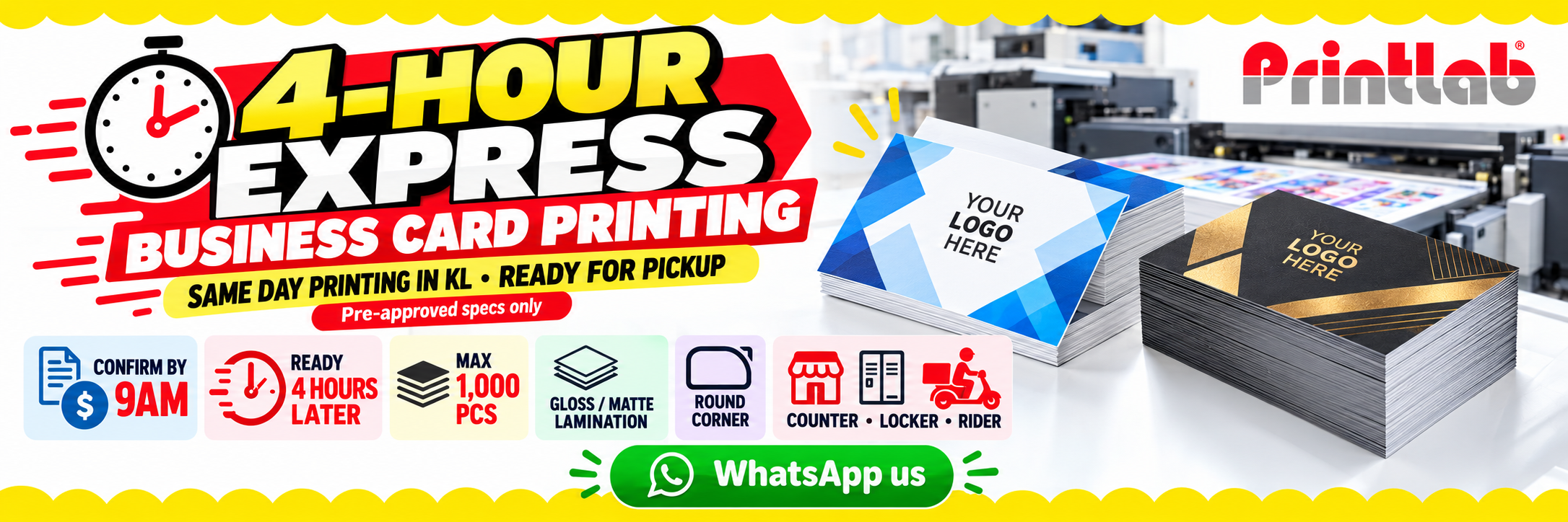 Express same day business card printing in KL ready in 4 hours with counter pickup, locker pickup and rider pickup from Printlab Bandar Sri Damansara