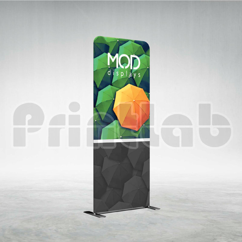 Fabric banner stand with custom printed design used at exhibition booth in Malaysia