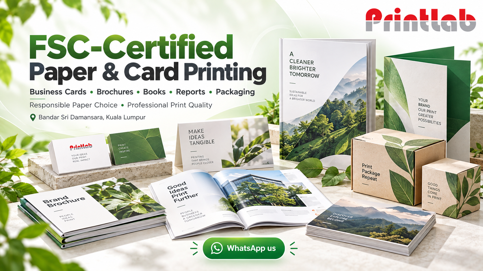 Custom printing on FSC-certified paper and card for business cards brochures books packaging and corporate materials at Printlab Bandar Sri Damansara Kuala Lumpur