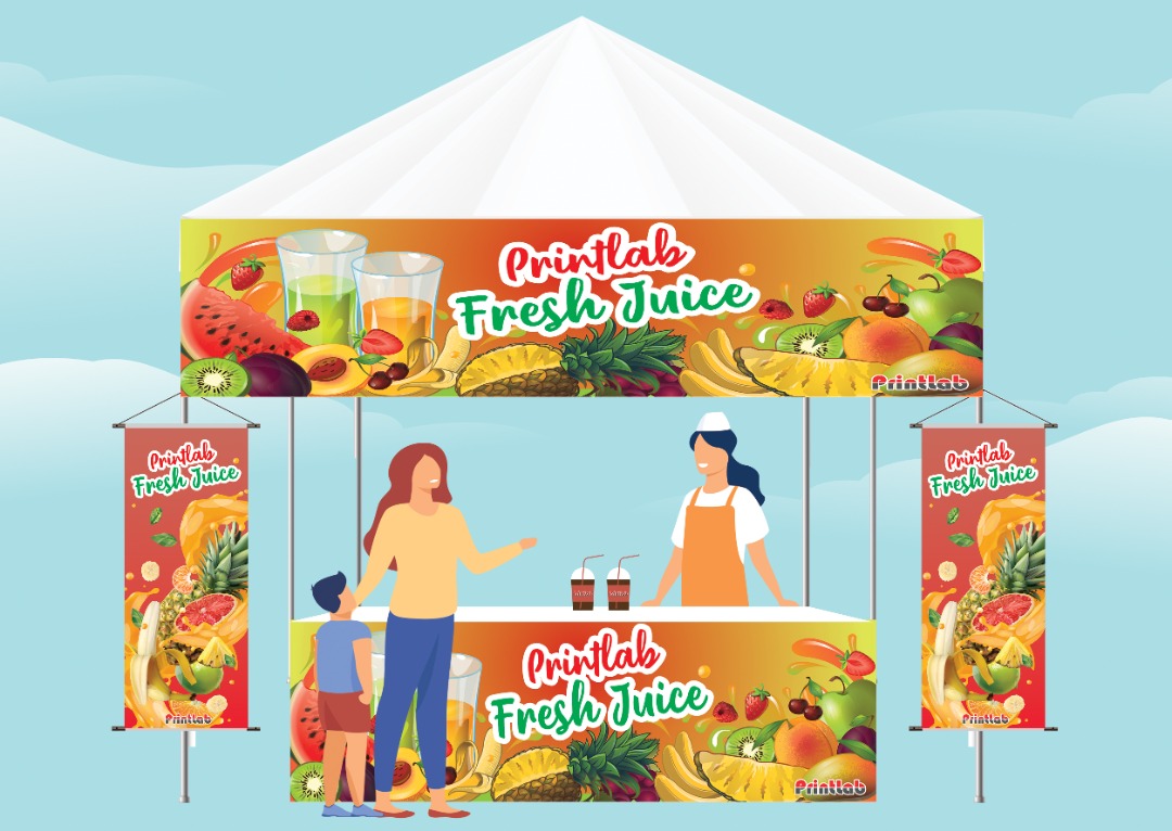 Pakej Gerai: Banner Kanopi + Banner Meja + Bunting Gantung