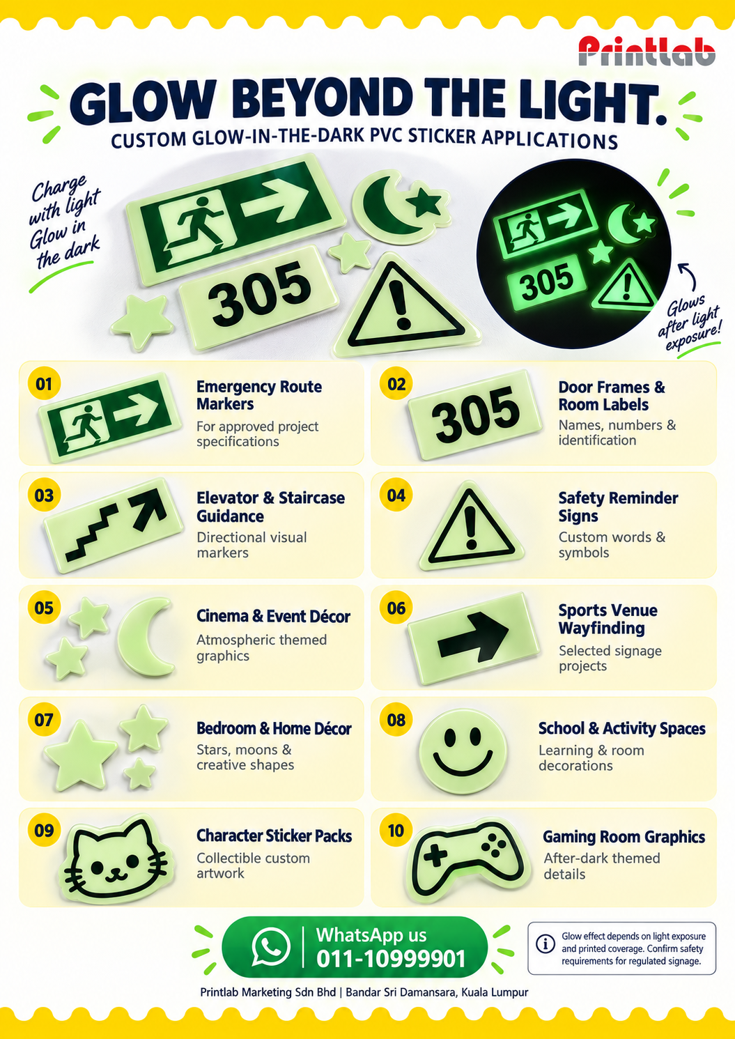 print your own glow in the dark sticker in kl pj printlab, application showing an emergency exit sign and wet-floor caution label, with product features 