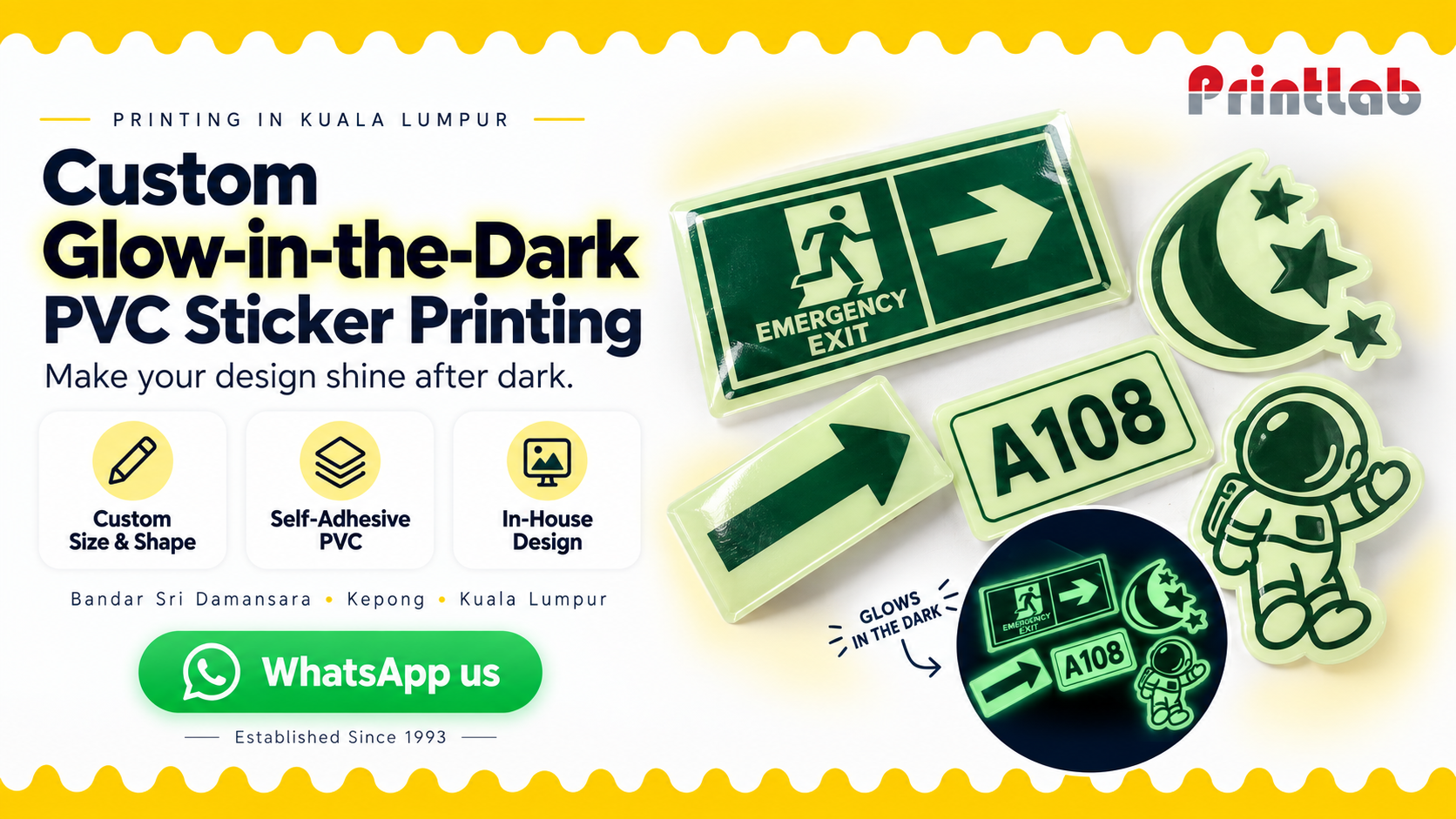 Printlab glow-in-the-dark sticker examples showing an emergency exit sign and wet-floor caution label, with product features and artwork guidelines.
