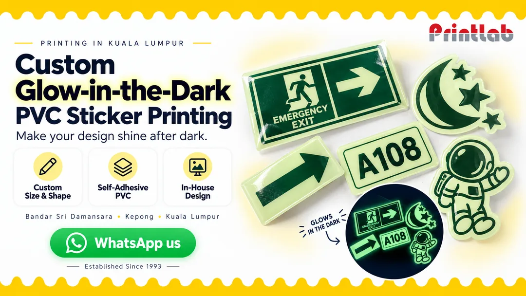 Printlab glow-in-the-dark sticker examples showing an emergency exit sign and wet-floor caution label, with product features and artwork guidelines.