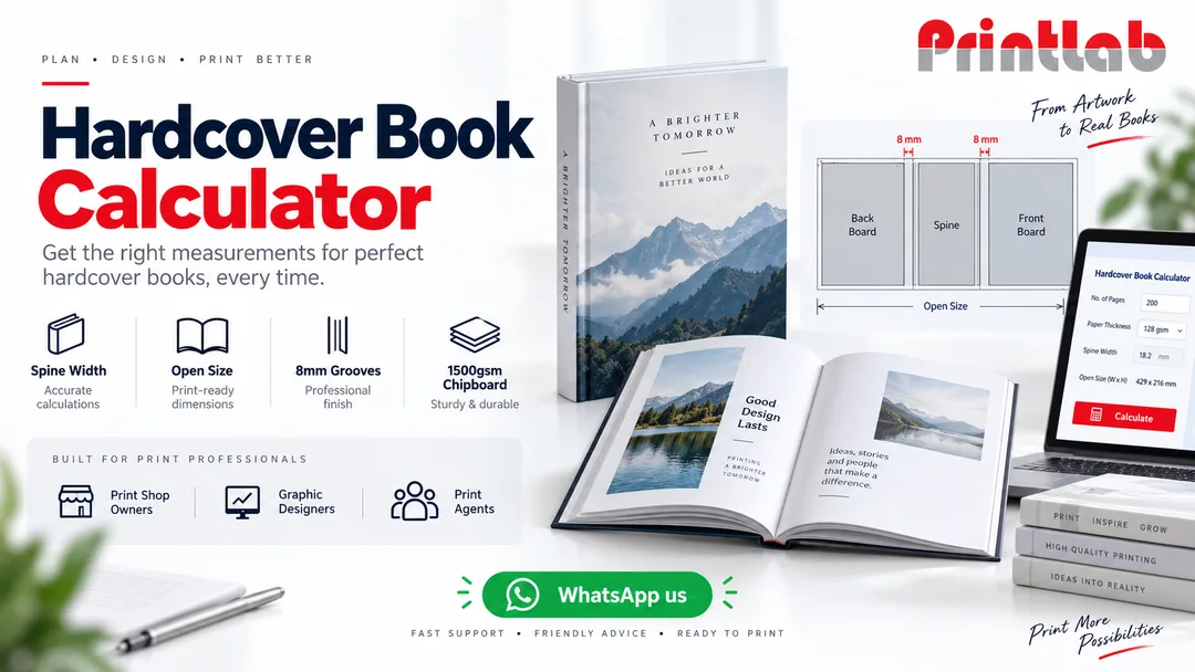Hardcover book calculator Malaysia by Printlab KL showing custom hardcover book size, spine width, 1500gsm chipboard, 8mm hinge grooves and printed image-wrap layout for designers and print shops.