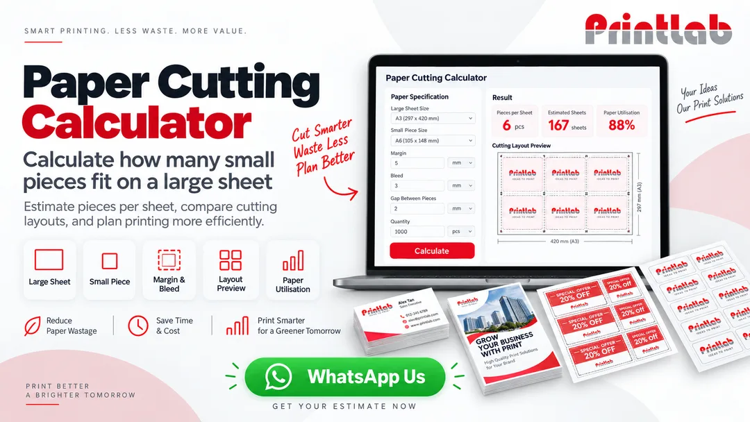 Printlab Paper Cutting Calculator Malaysia showing how many small pieces fit on a large printing sheet and estimated paper utilisation