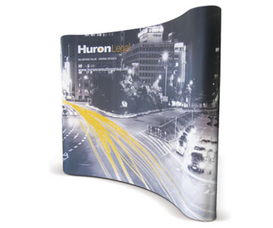 Easy-to-assemble pop-up display stand showcasing custom print graphics for trade show promotion