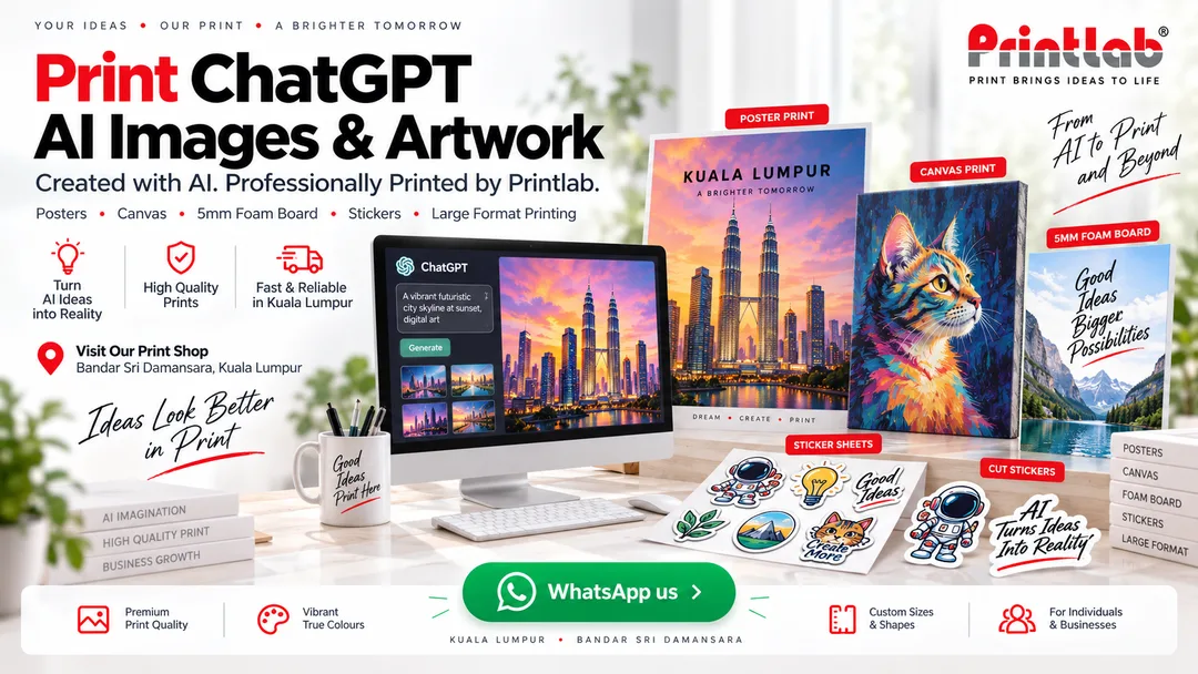 ChatGPT AI-generated artwork printing in Kuala Lumpur by Printlab, showing digital PNG images transformed into posters, canvas, 5mm foam board and stickers.
