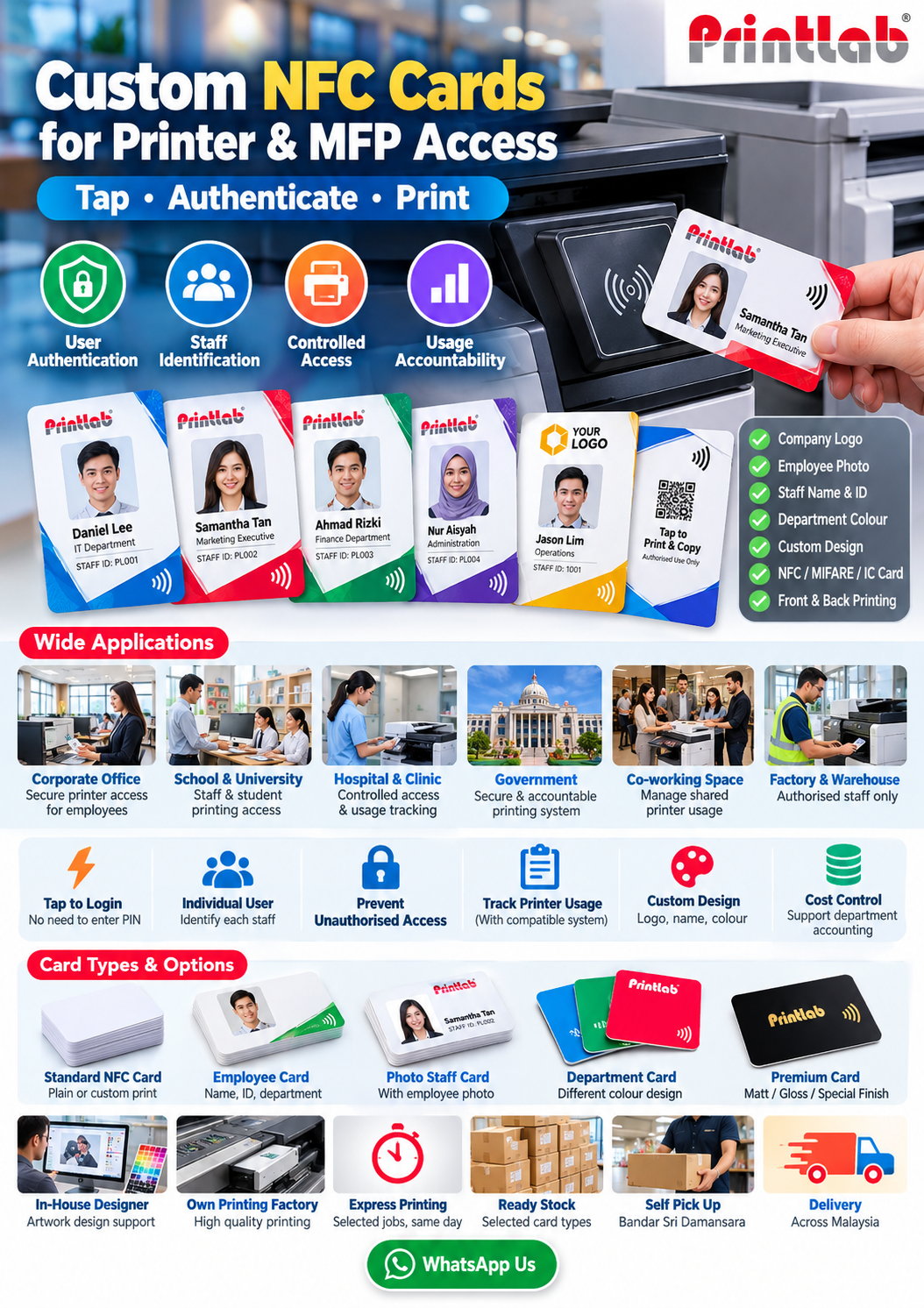 Employee NFC access cards for compatible office printers MFP photocopiers and secure print authentication in Kuala Lumpur