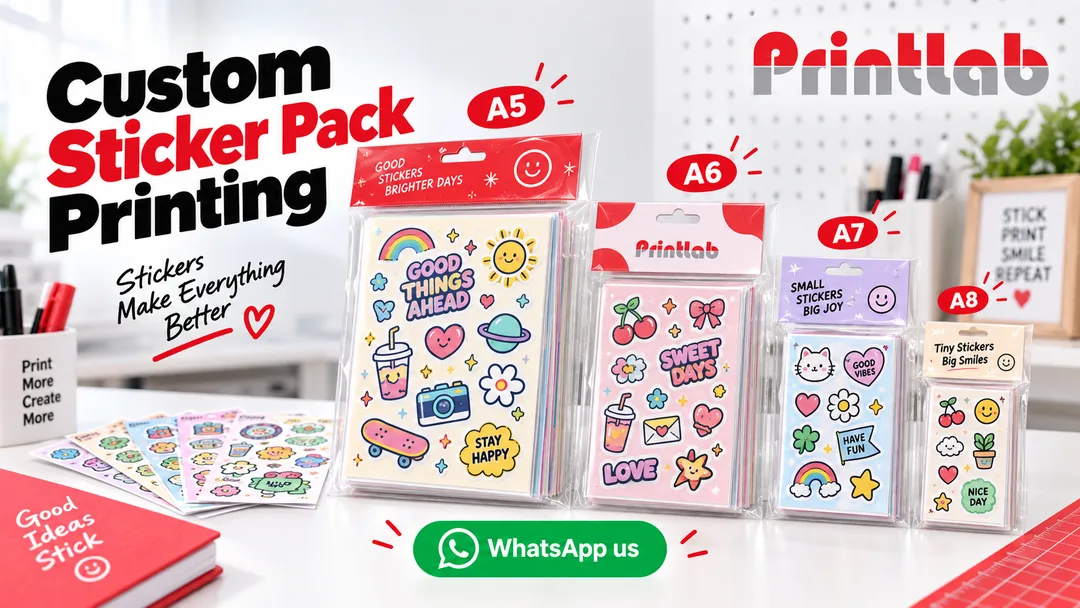 Custom sticker pack printing in four packing sizes with clear plastic sleeves and header cards at Printlab Kuala Lumpur