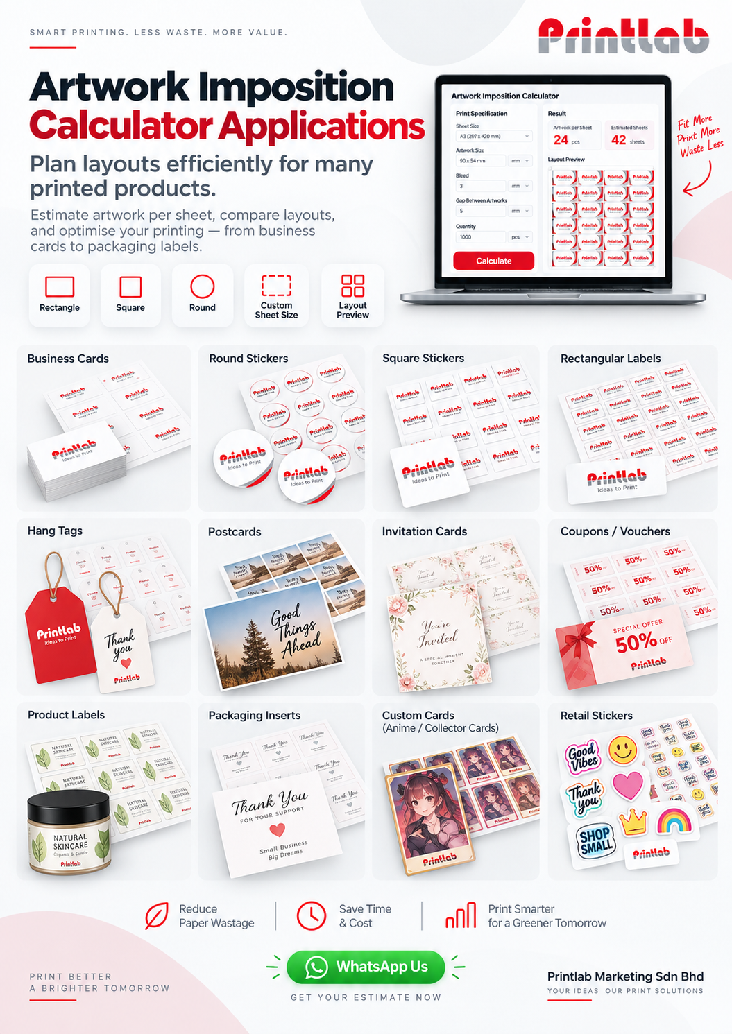 Arranging square rectangular and round artwork efficiently to reduce paper wastage before printing by using Artwork Imposition Calculator by Printlab Malaysia