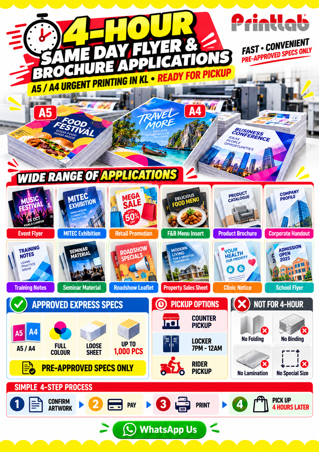 Same day express A5 A4 flyer brochure printing in KL ready in 4 hours with counter pickup, locker pickup and rider pickup by Printlab KL