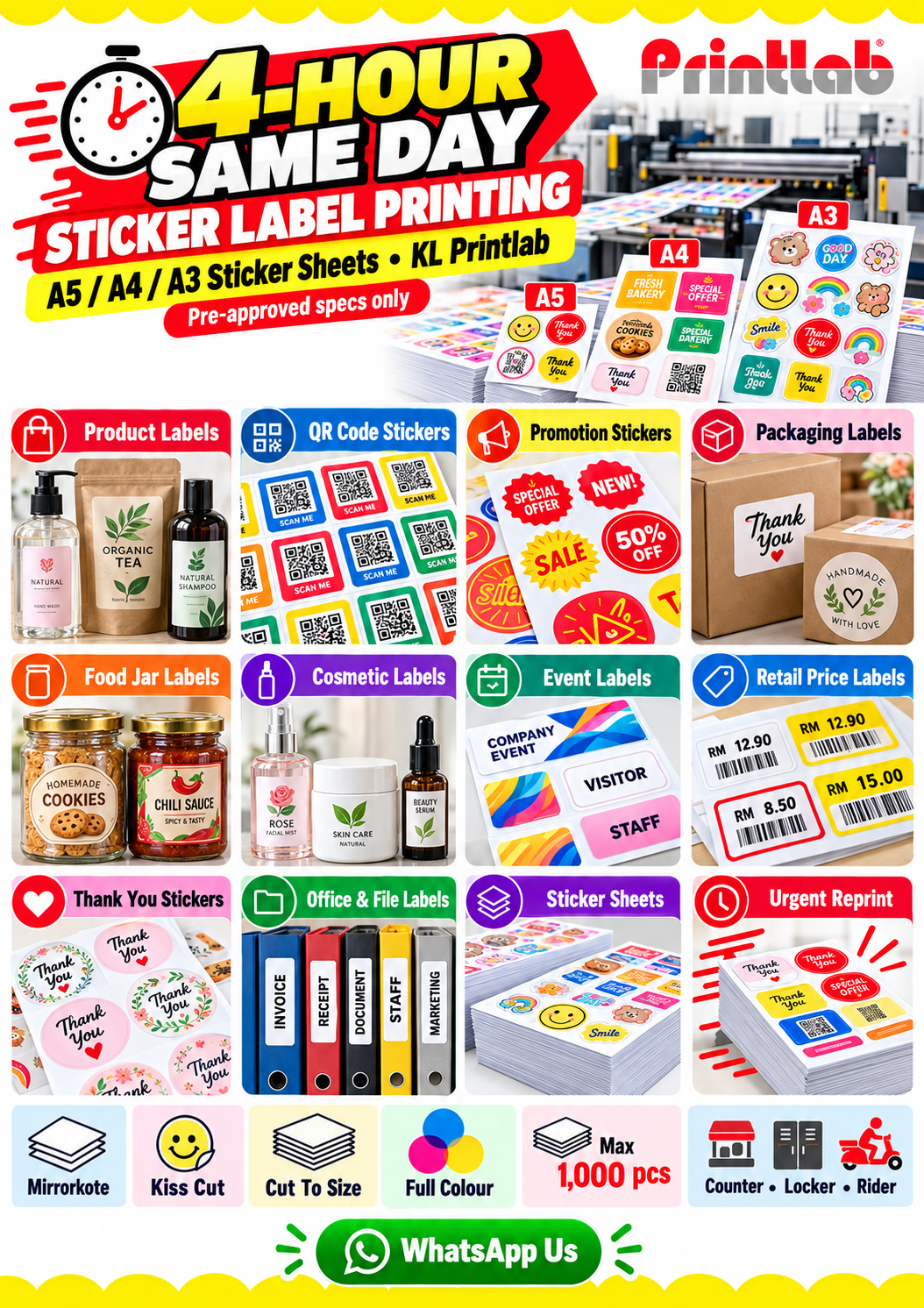 Same day urgent sticker label sheet A5 A4 A3  printing in KL ready in 4 hours with kiss cut cut to size counter pickup locker pickup and rider pickup by Printlab KL PJ