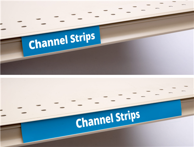 Printed shelf-edge strip labels with price, QR code and promotional message for retail product displays