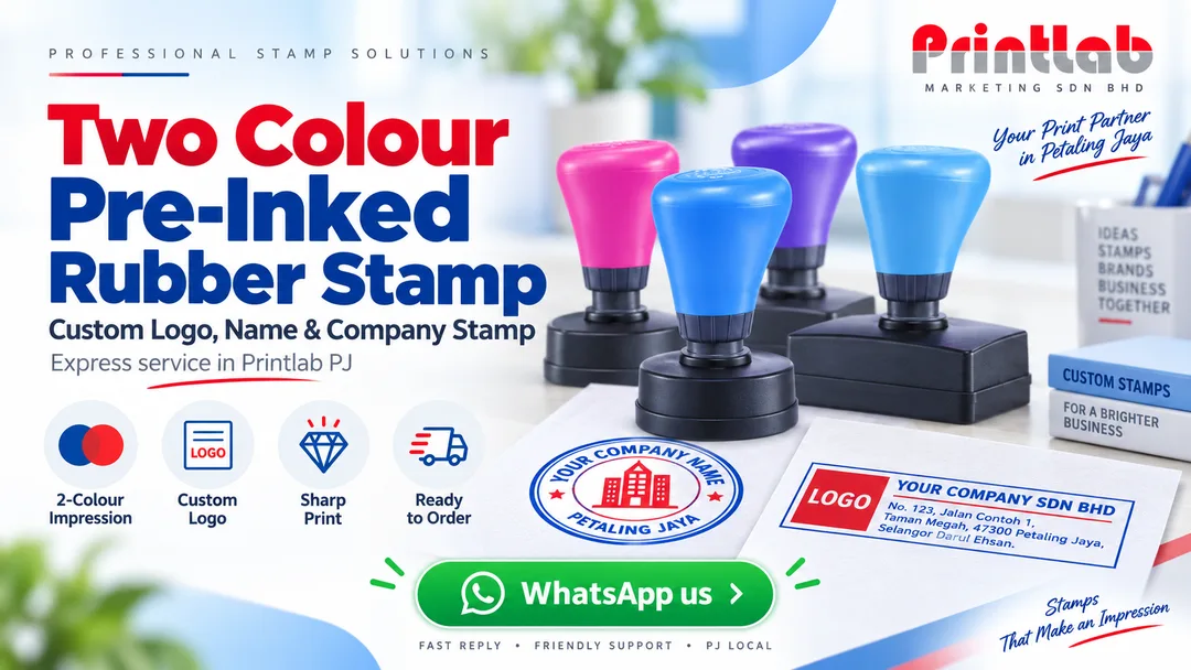 Custom two colour pre-inked rubber stamp with company logo and business text by Printlab Ara Damansara Petaling Jaya