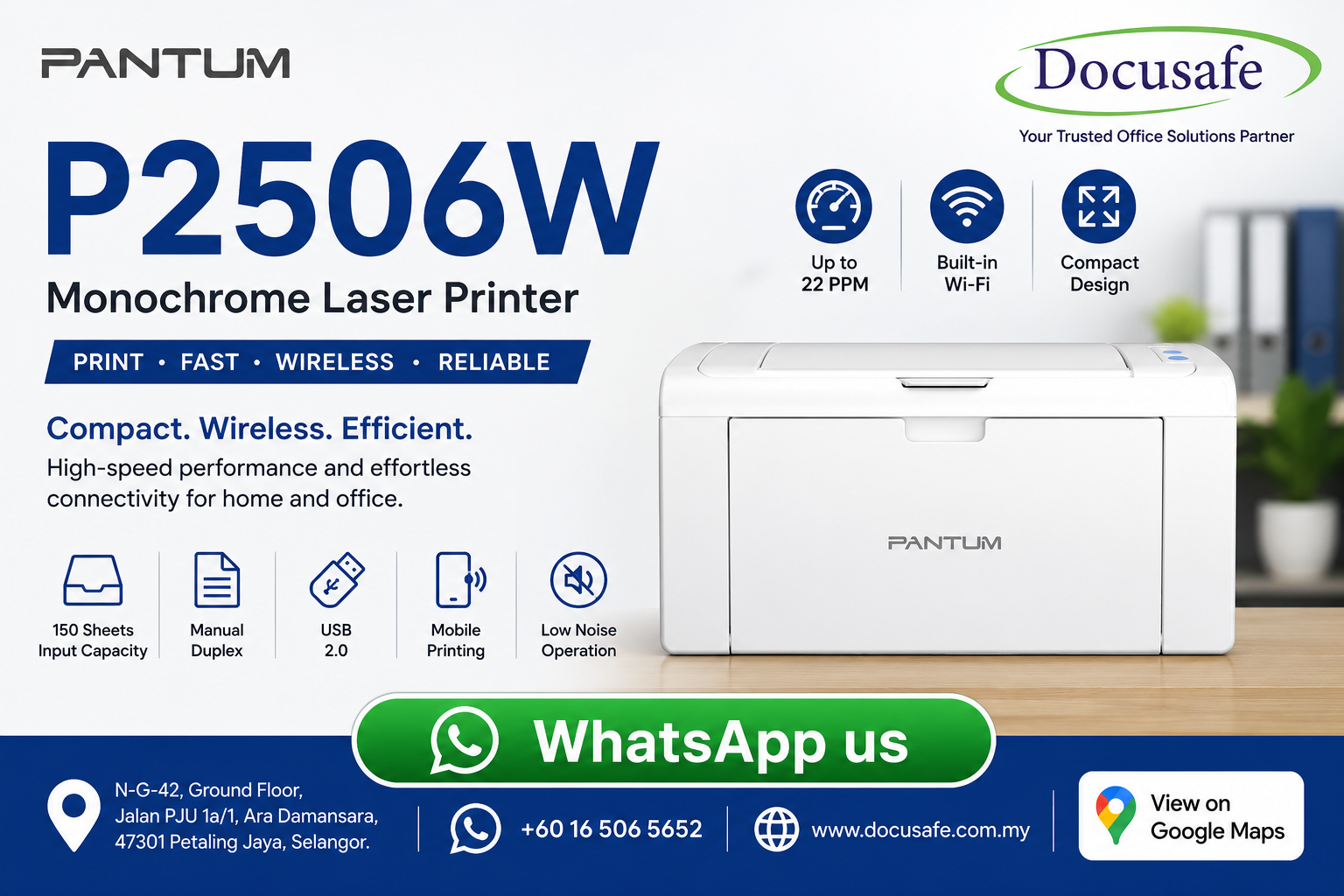 Pantum P2506W Compact Wireless Monochrome Laser Printer Front View - Docusafe Sdn Bhd Ara Damansara