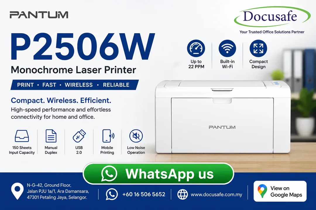 Pantum P2506W Compact Wireless Monochrome Laser Printer Front View - Docusafe Sdn Bhd Ara Damansara