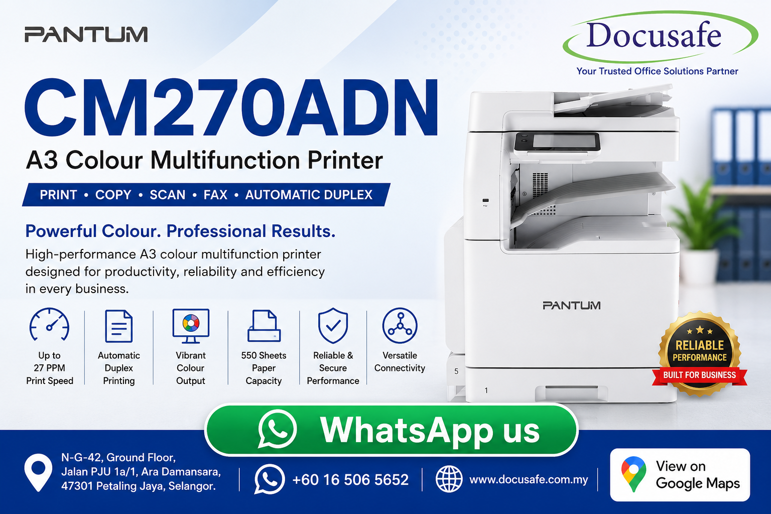 Pantum CM270ADN Color Multifunction Laser Printer sold by Docusafe Sdn Bhd Ara Damansara Petaling Jaya