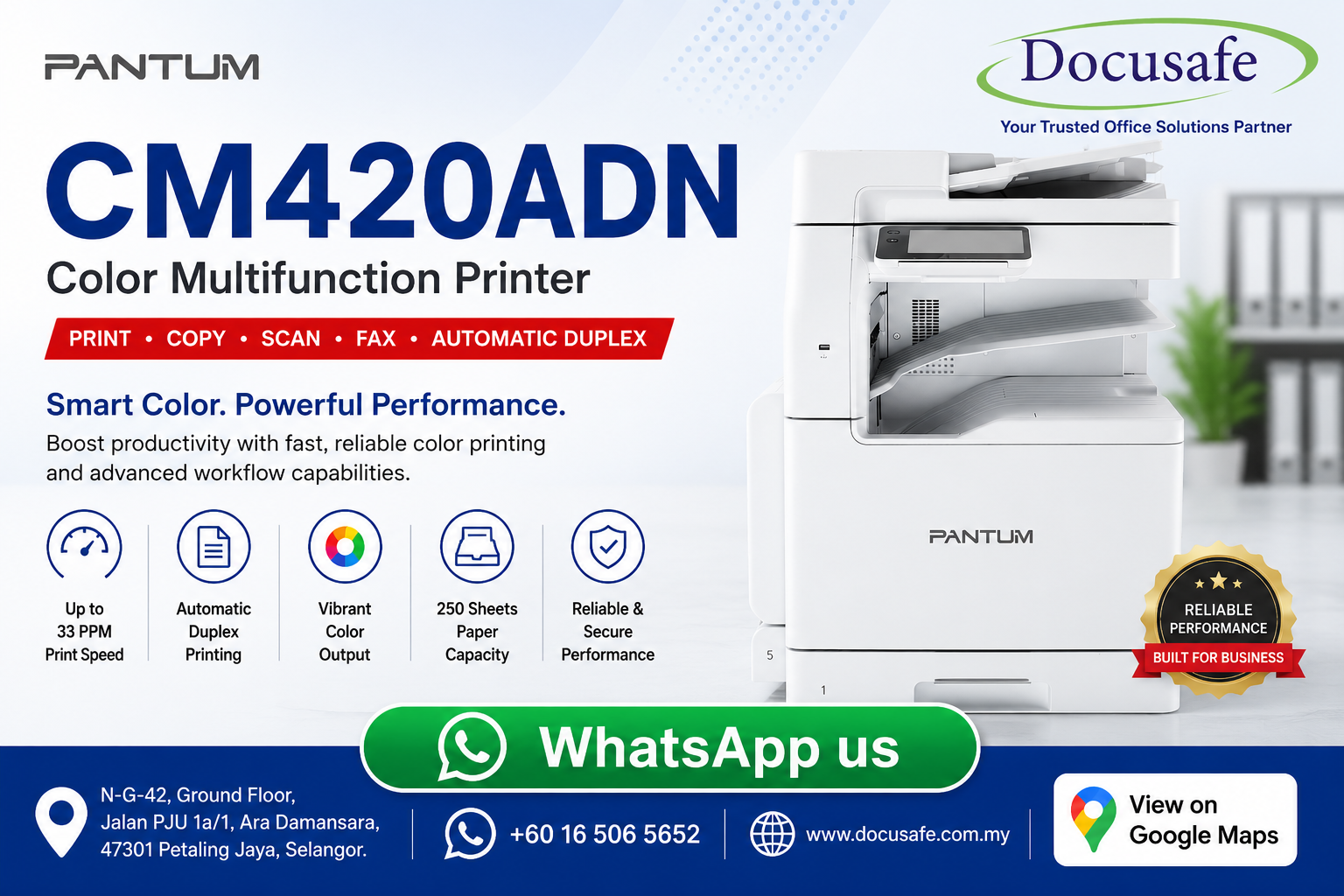 Pantum CM420ADN Color Multifunction Laser Printer sold by Docusafe Sdn Bhd Ara Damansara Petaling Jaya

JSON-LD Schema Markups