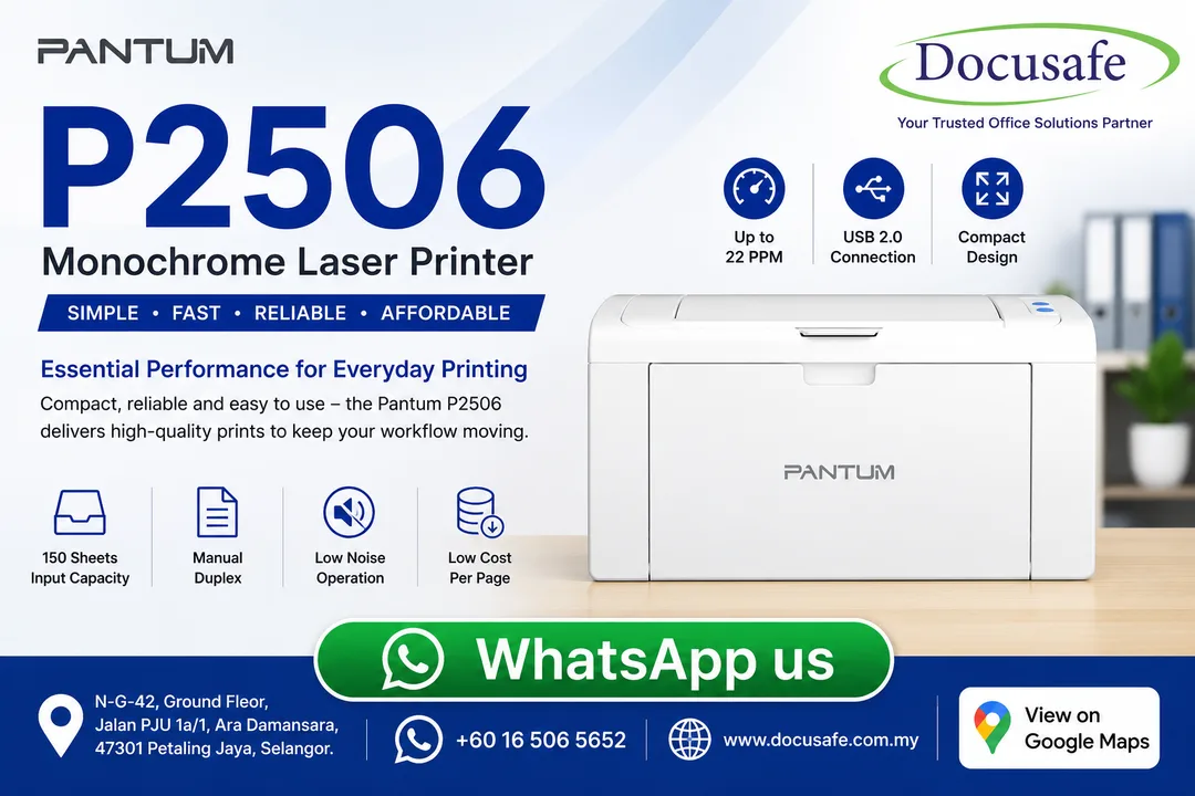 Pantum P2506 Single Function Monochrome Laser Printer sold by Docusafe Sdn Bhd Ara Damansara Petaling Jaya